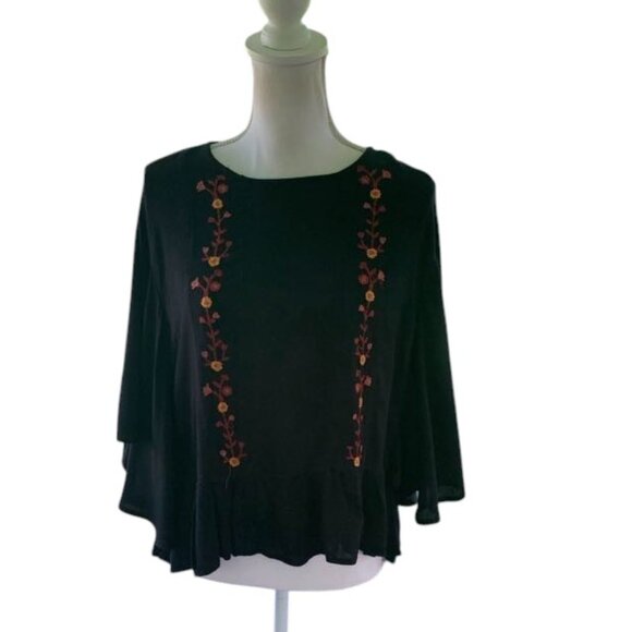 Women's Blue Rain Rayon Top - Black Embroidered with Batwing Sleeves - Picture 1 of 5